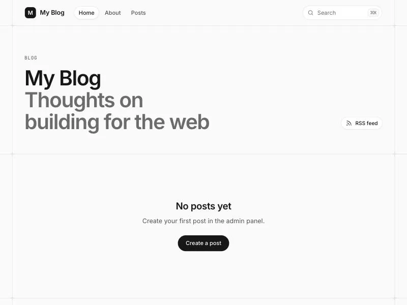 EmDash のブログテンプレートのトップページ。「My Blog」の見出しと「No posts yet」の表示